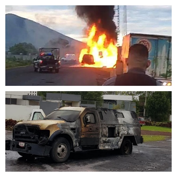 Arde camioneta de valores en Jacona