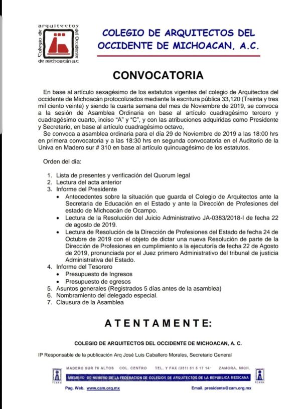 Colegio de Arquitectos del Occidente de Michoacán, A.C  CONVOCAN A ASAMBLEA ORDINARIA