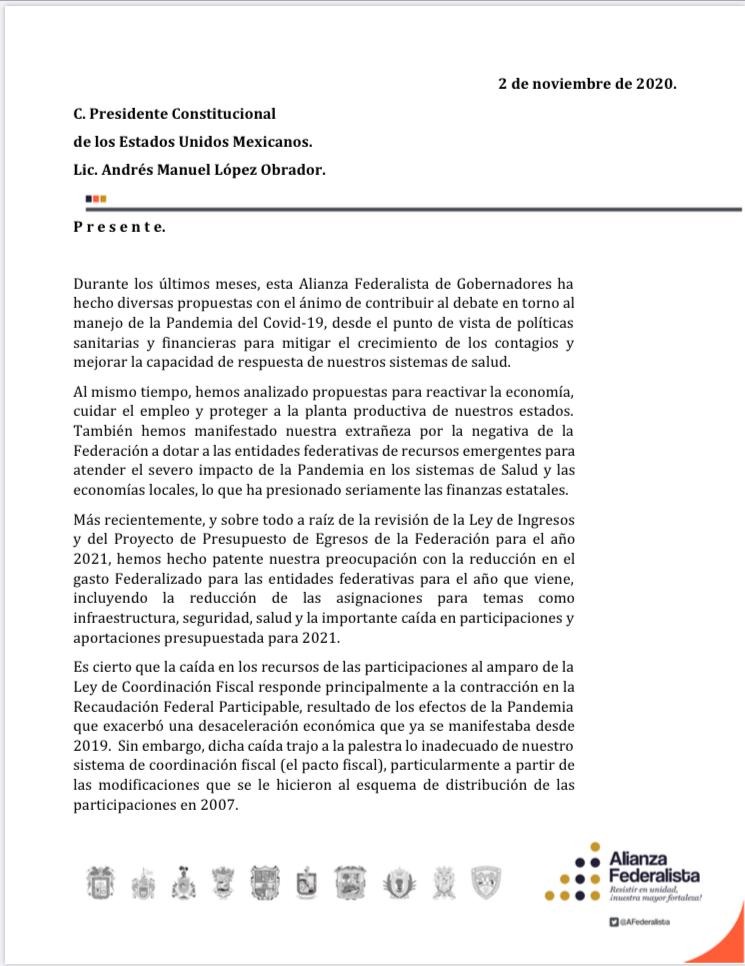 Envía Alianza Federalista carta al Presidente de México
