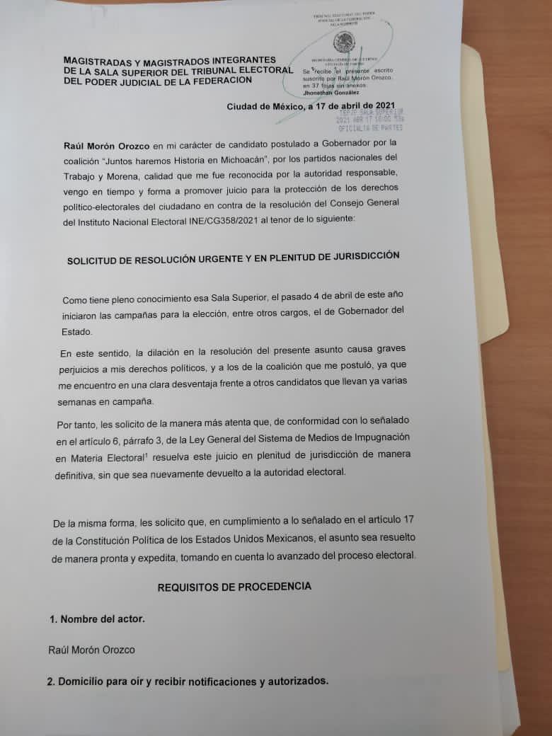 Presenta Raúl Morón JDC ante Tribunal Electoral; busca resolución definitiva por su candidatura