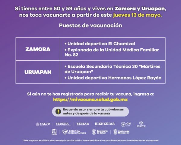 Inicia mañana en Zamora y Uruapan vacunación a personas de 50 a 59 años