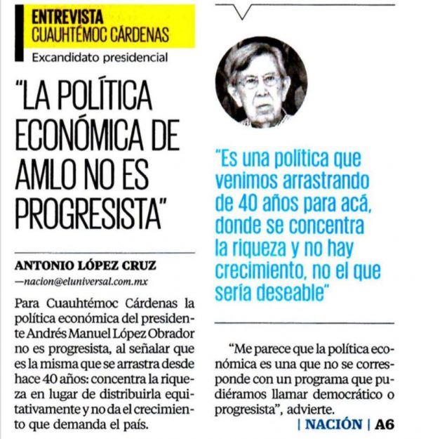 Cuauhtémoc Cárdenas: Política económica de AMLO, ni democrática ni progresista