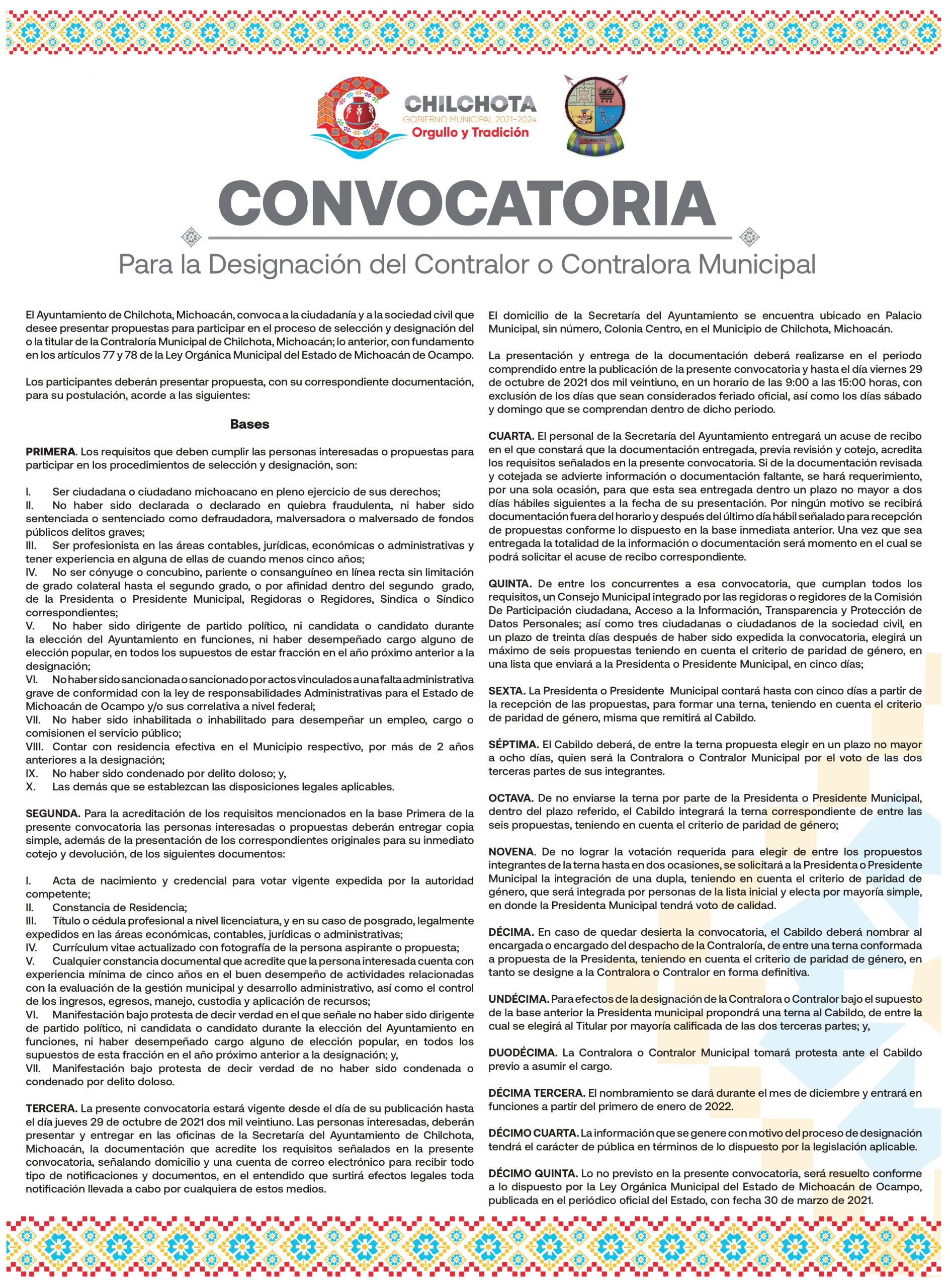 Convocatoria  para proceso de selección de la Contraloría Municipal de Chilchota,  30 de septiembre 2021