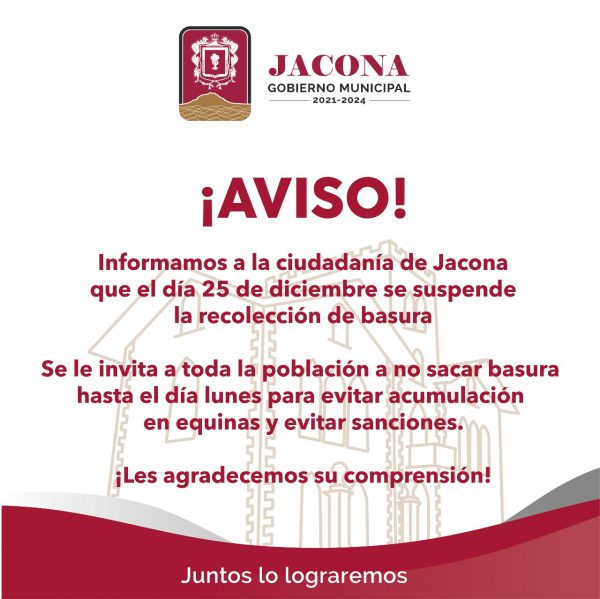 Sábado 25 de diciembre no habrá servicio de recolección de basura en Jacona