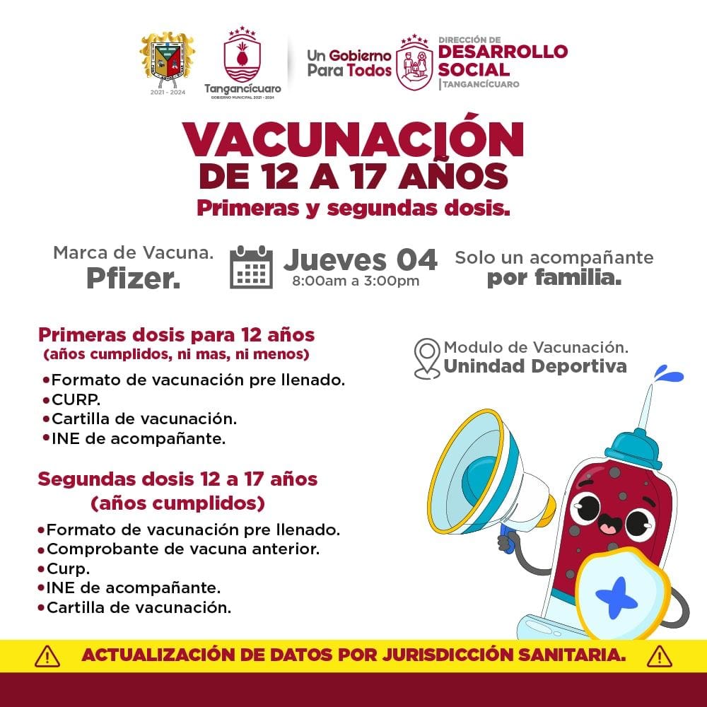 Dispondrán modulo de vacunación para menores de 12-17 años en Tangancícuaro