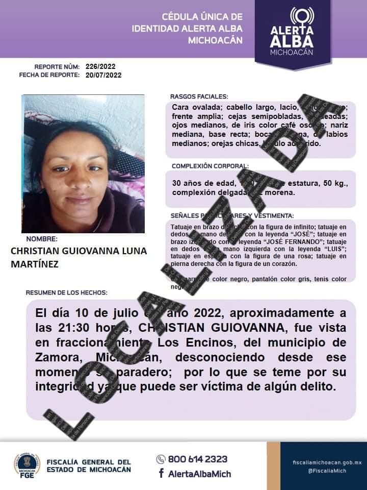 Localiza FGE a Christian Guiovanna L., quien fue reportada como desaparecida en Zamora