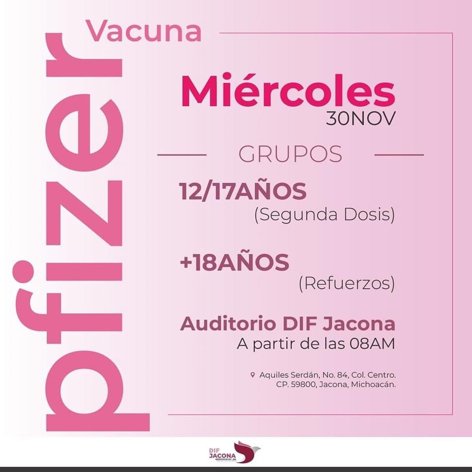 Habrá jornada de vacunación ANTICOVID en Jacona mañana miércoles