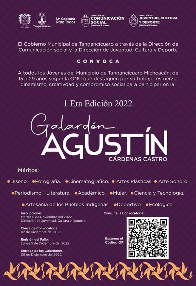 Gobierno de Tangancícuaro convoca a los jóvenes a inscribirse al galardón Agustín Cárdenas Castro