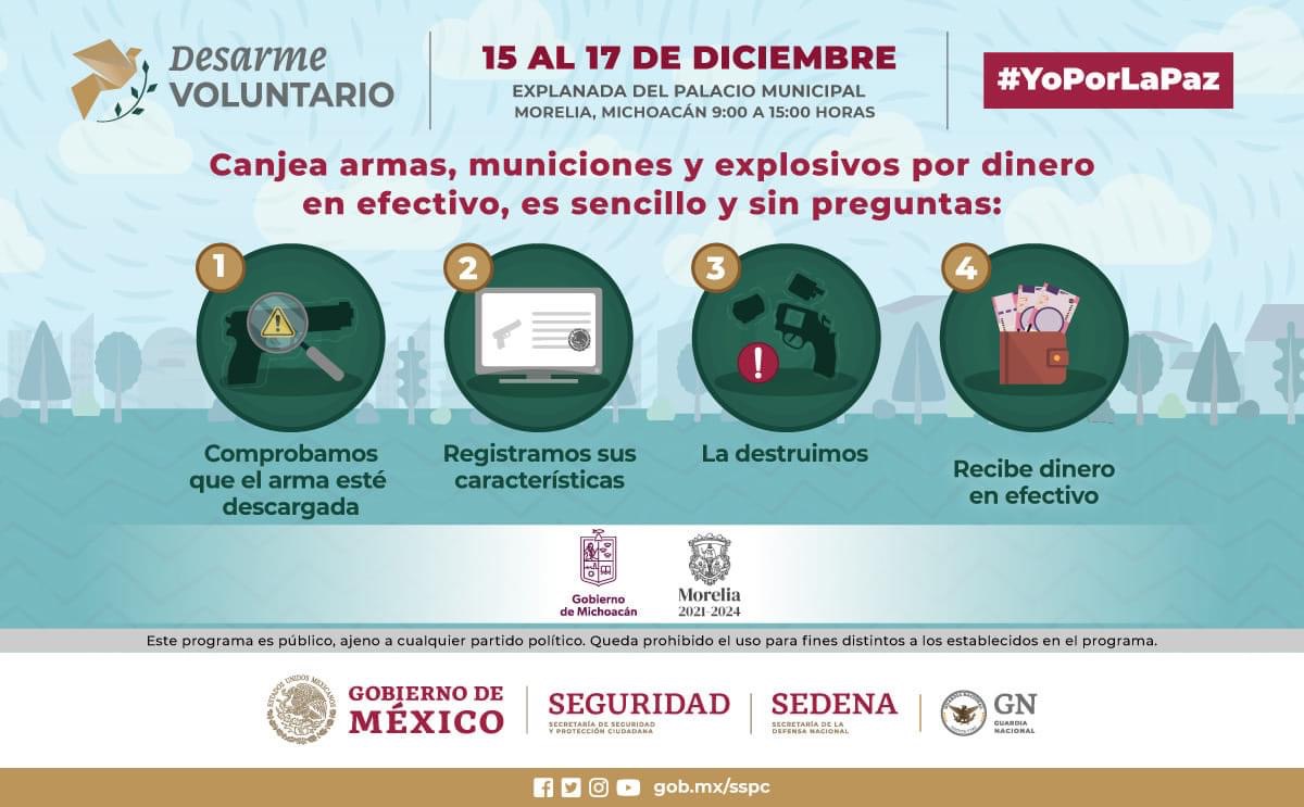 Del 15 al 17 de diciembre, canje de armas y juguetes bélicos en Morelia y Zamora