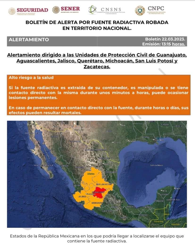 Michoacán continua en alerta por fuente radioactiva robada en Salamanca