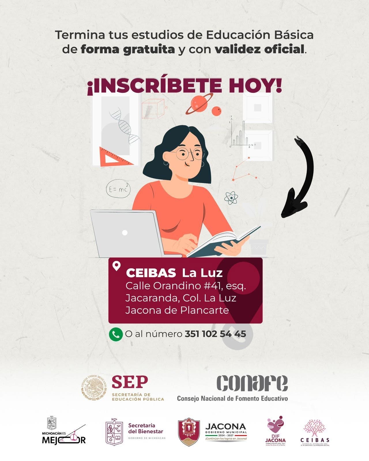 Gobierno de Jacona invita:Termina tus estudios de Educación Básica de forma gratuita y con validez oficial.