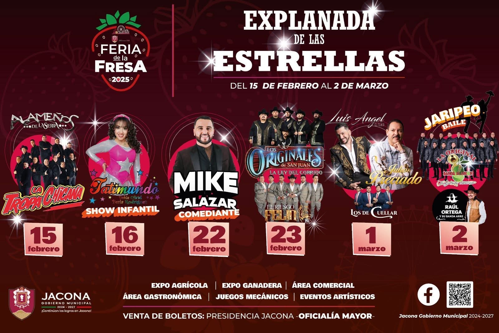 Feria de la Fresa Jacona 2025 🍓🎤 Explanada De Las Estrellas Presenta a tus artistas favoritos del 15 de febrero al 2 de marzo, 2025. También tendremos la Gran Expo Agrícola - Ganadera, área comercial, área gastronómica, juegos mecánicos y muchas sorpresas más. 🎡 🎢 🎠 🎙️