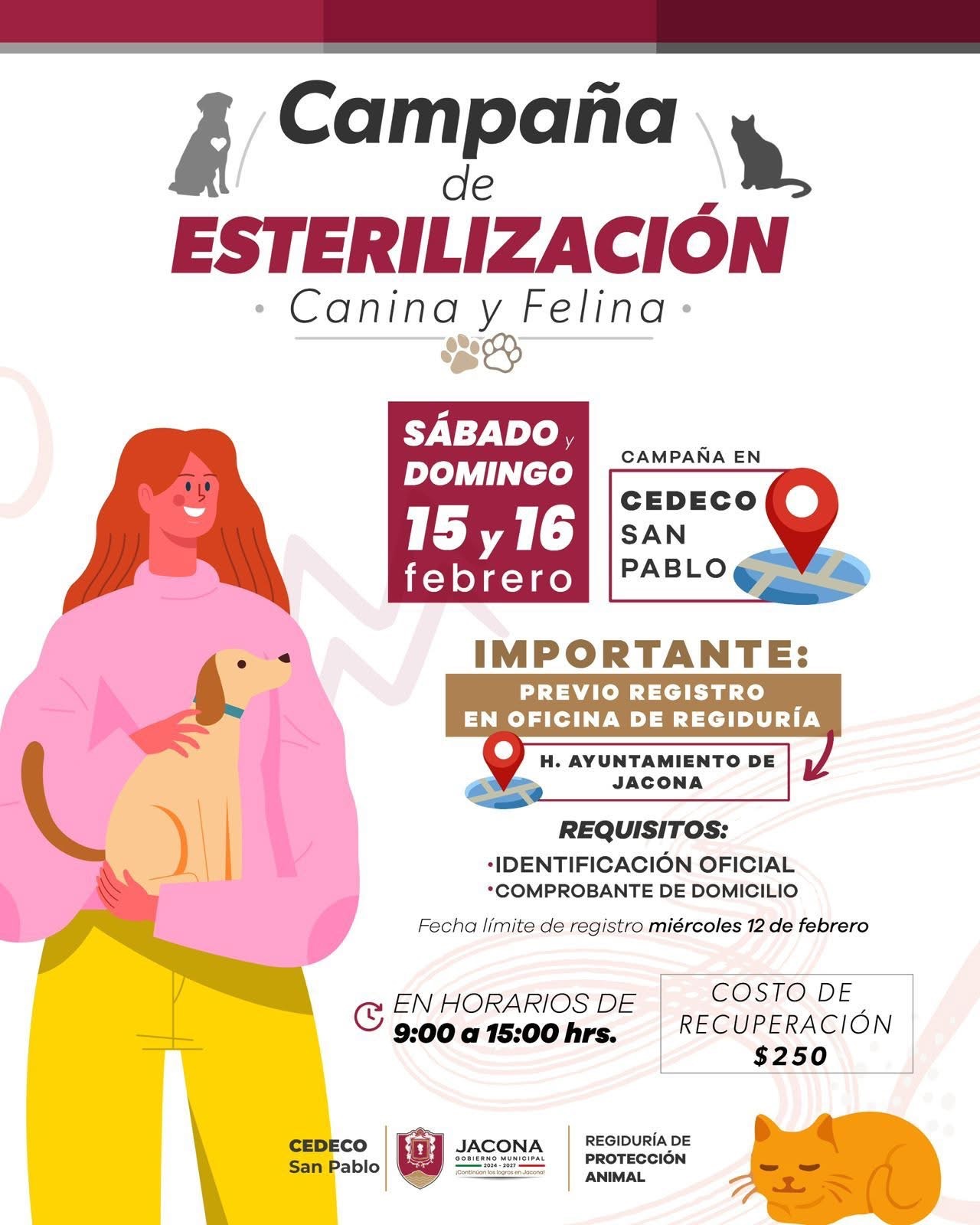 Gobierno de Jacona invita a campaña de ESTERILIZACIÓN canina y felina este próximo sábado 15 y domingo 16 de febrero.