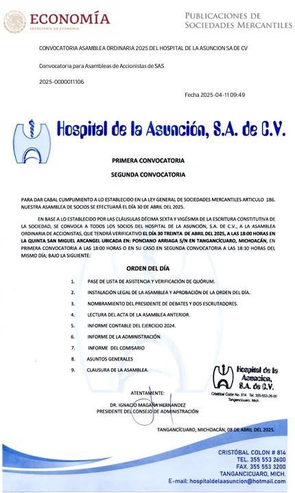 Convocatoria Asamblea Ordinaria 2025 del Hospital de la Asunción SA de CV