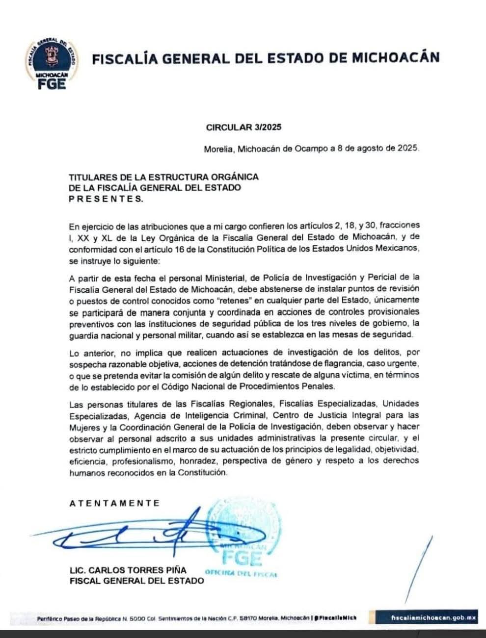Emite Fiscal General disposiciones para instalación de puestos de control; ningún acto que vulnere los derechos humanos
