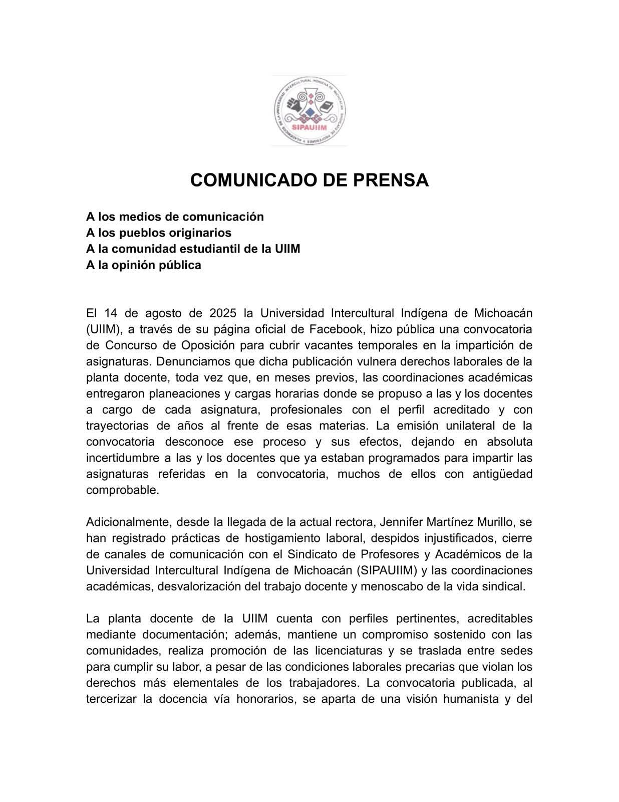 Inconforme el personal sindicalizado de la Universidad Intercultural Indigena por la convocatoria docente