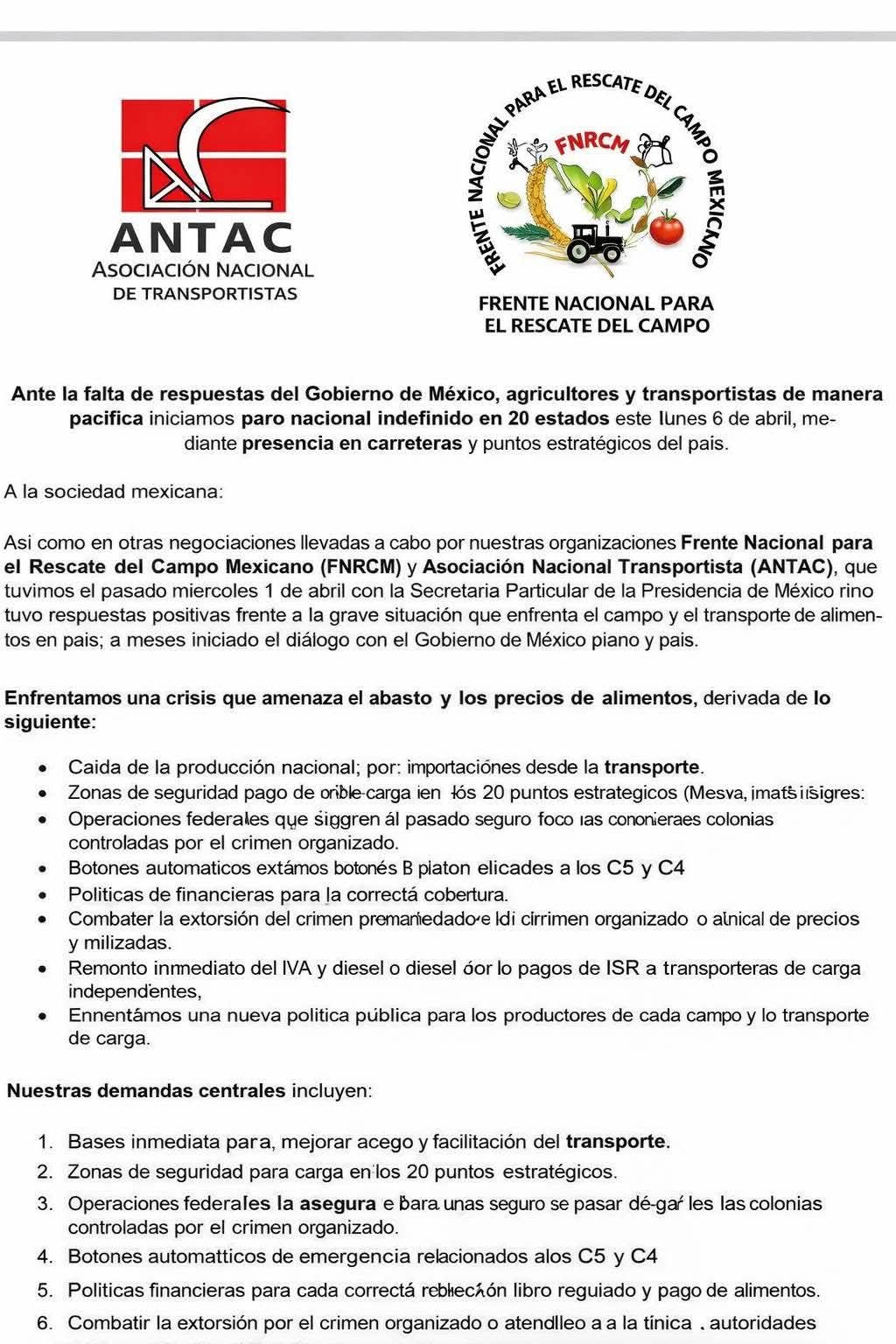 Confirmado, transportistas y campesinos anuncian paro nacional indefinido en 20 estados desde este lunes 6 de abril