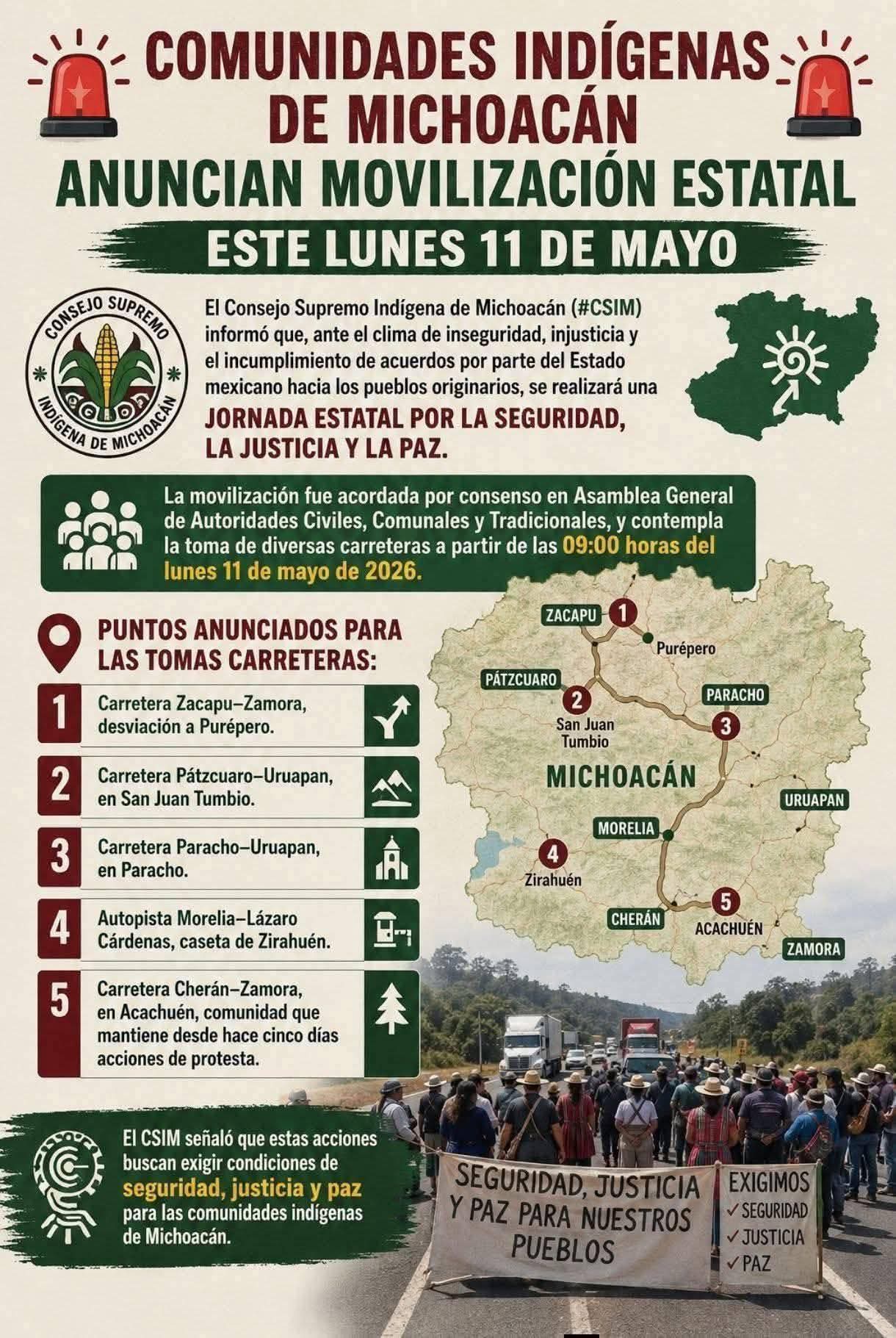 Comunidades indígenas de #Michoacán anuncian movilización estatal este lunes 11 de mayo