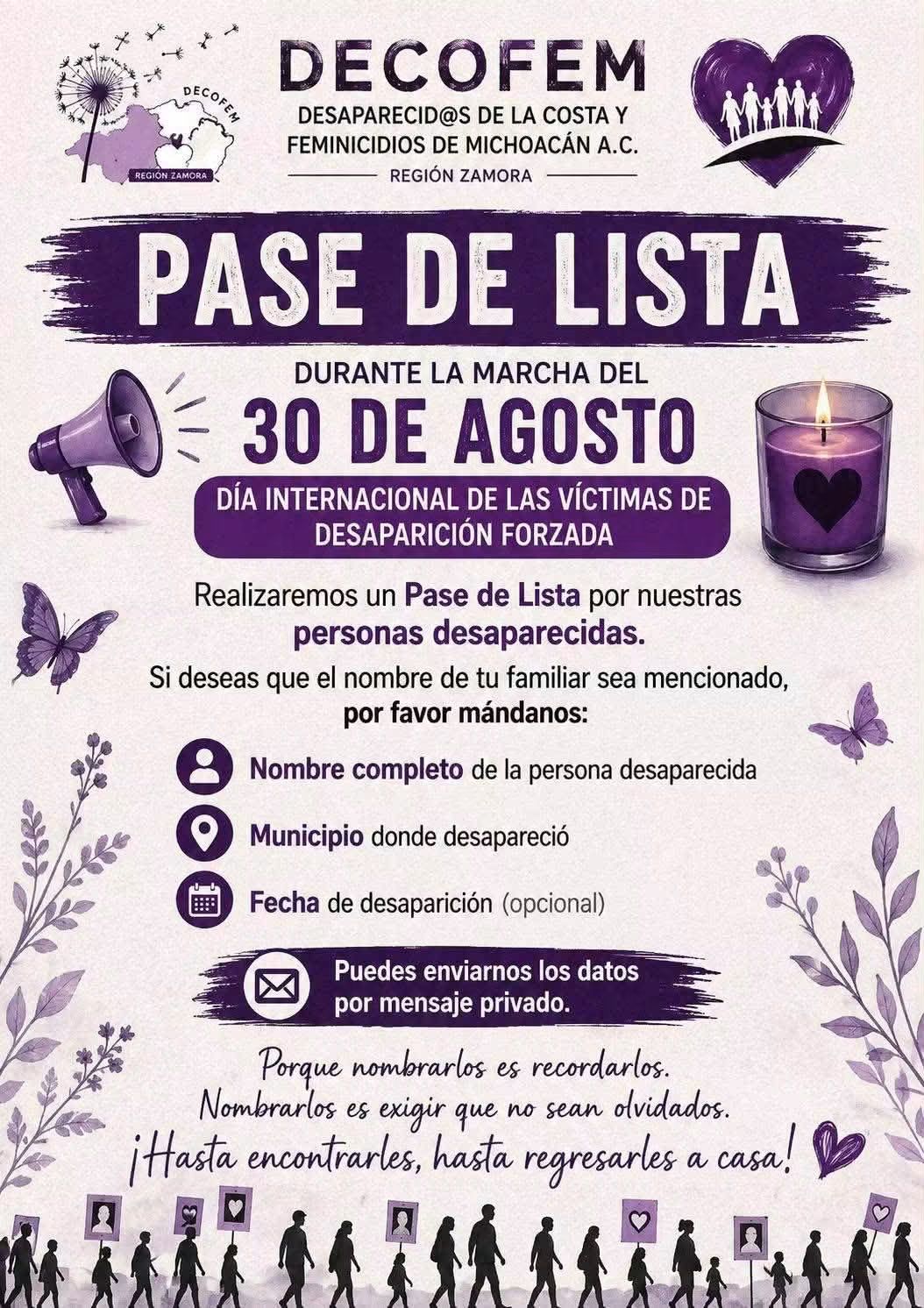 CONVOCAN A PASE DE LISTA Y MARCHA POR DESAPARECIDOS ESTE 30 DE AGOSTO EN ZAMORA Y JACONA