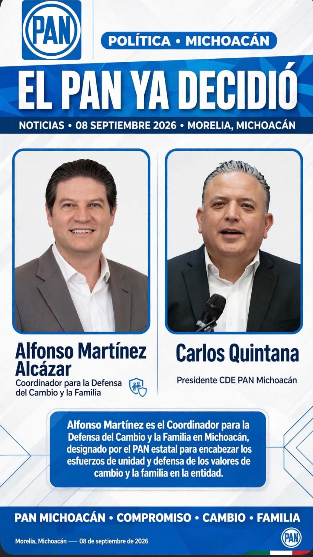 El PAN ya decidió: Alfonso Martínez es el coordinador para la Defensa del Cambio y la Familia en Michoacán: Carlos Quintana