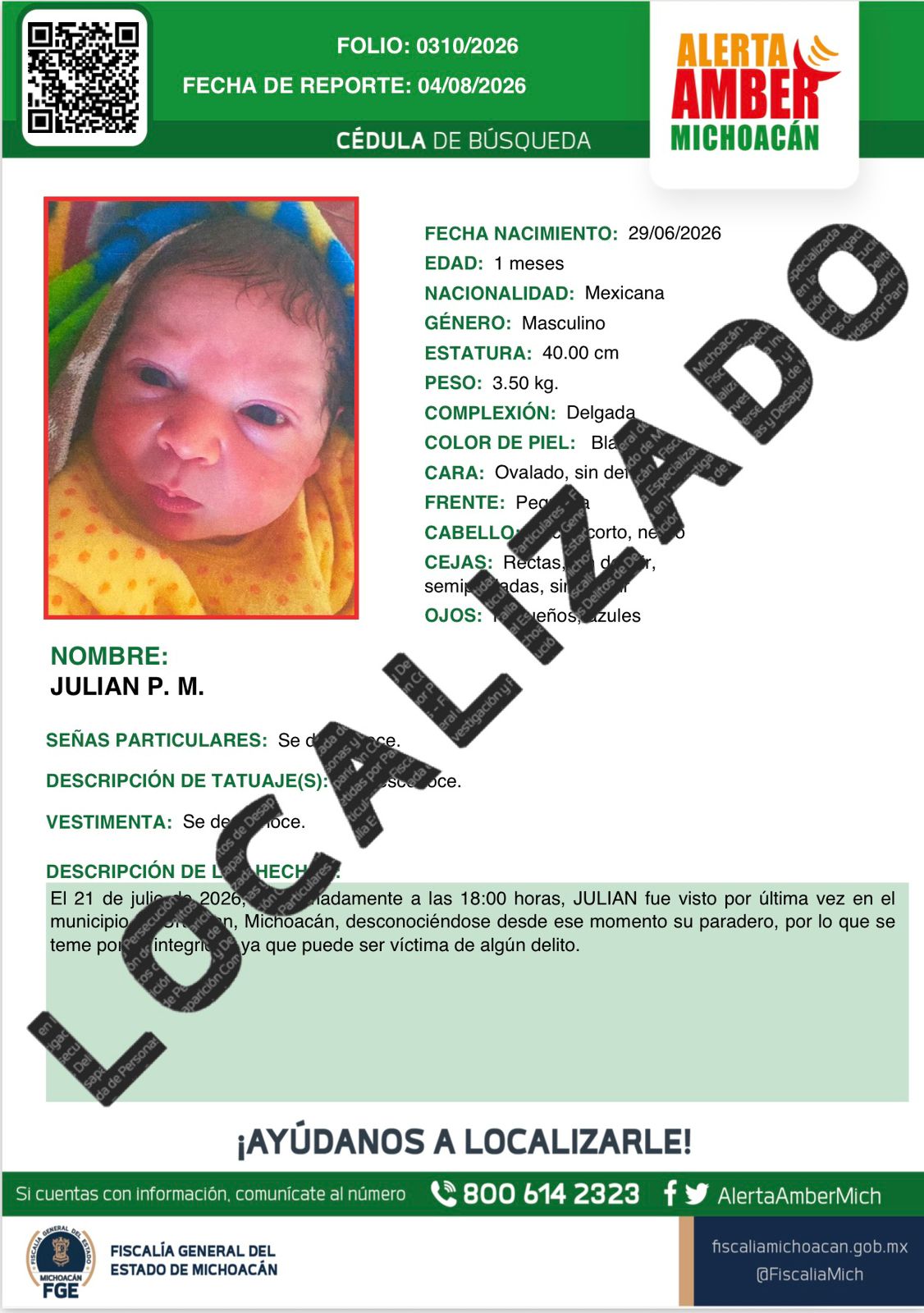 Localiza Fiscalía a recién nacido en Zamora; un hombre fue detenido y es investigado por violencia vicaria